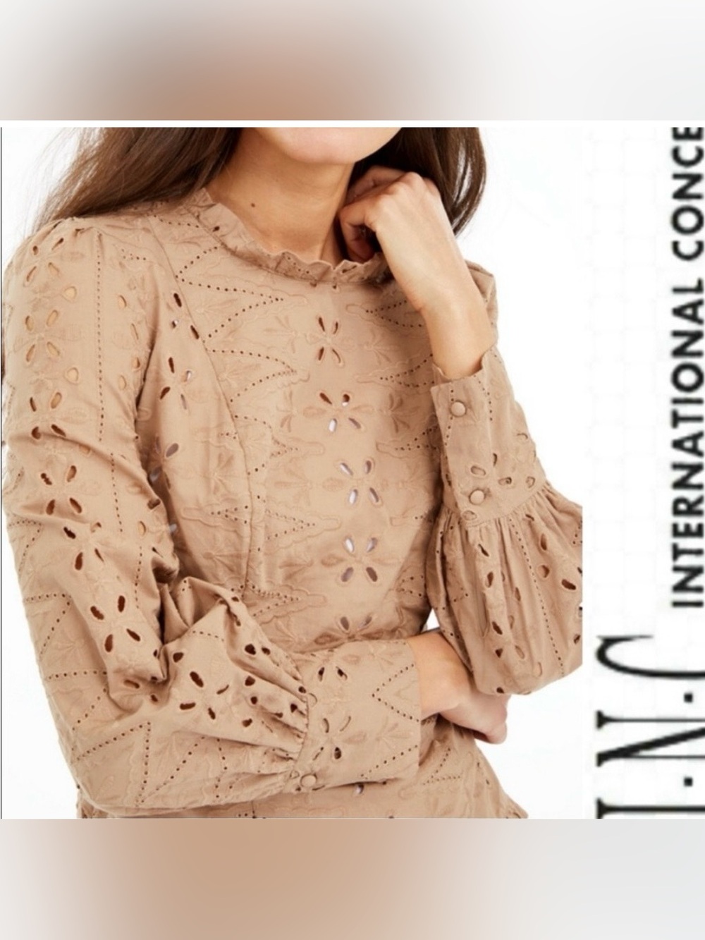 NWT INC International Concepts Cotton Eyelet Blouse, Neutral Beige/Tan, Large